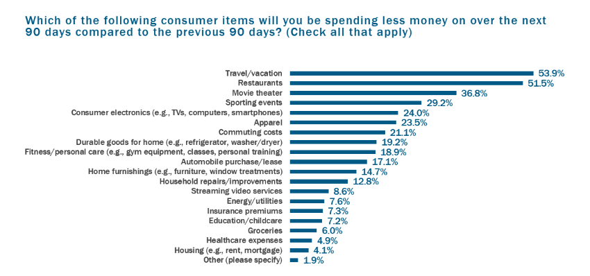 Which of the following consumer items will you be spending less money on over the next 90 days compared to the previous 90 days?